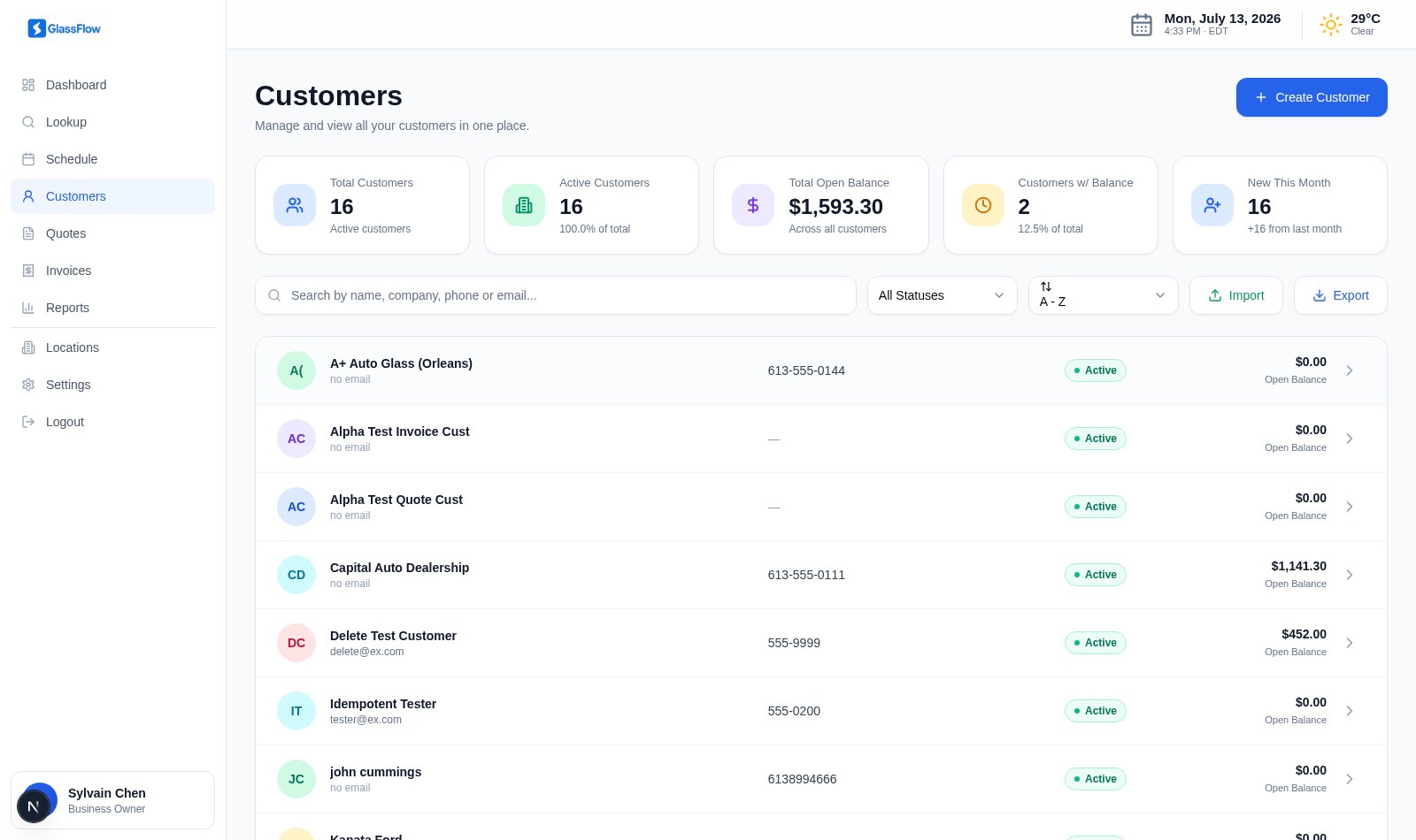 Customers page with KPI cards for total customers, open balance and new this month