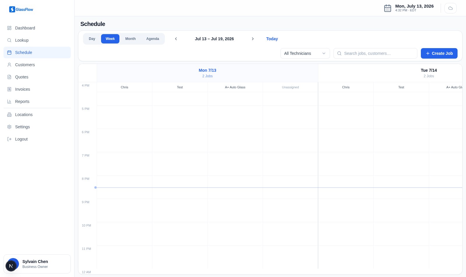Weekly technician schedule with drag-and-drop appointment lanes